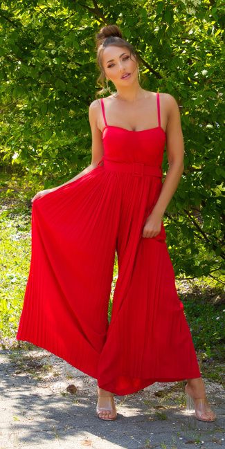 wide Leg Jumpsuit with Belt Red
